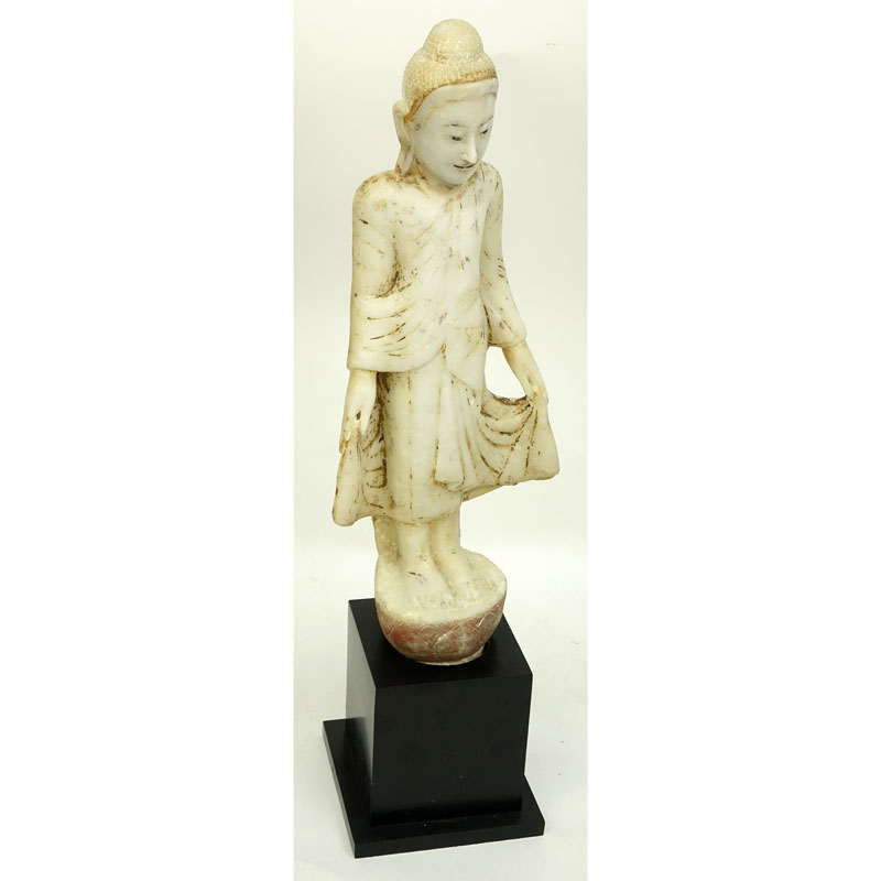 19/20th Century Burmese Mandalay Standing Buddha Alabaster Sculpture Mounted in Fitted Base.