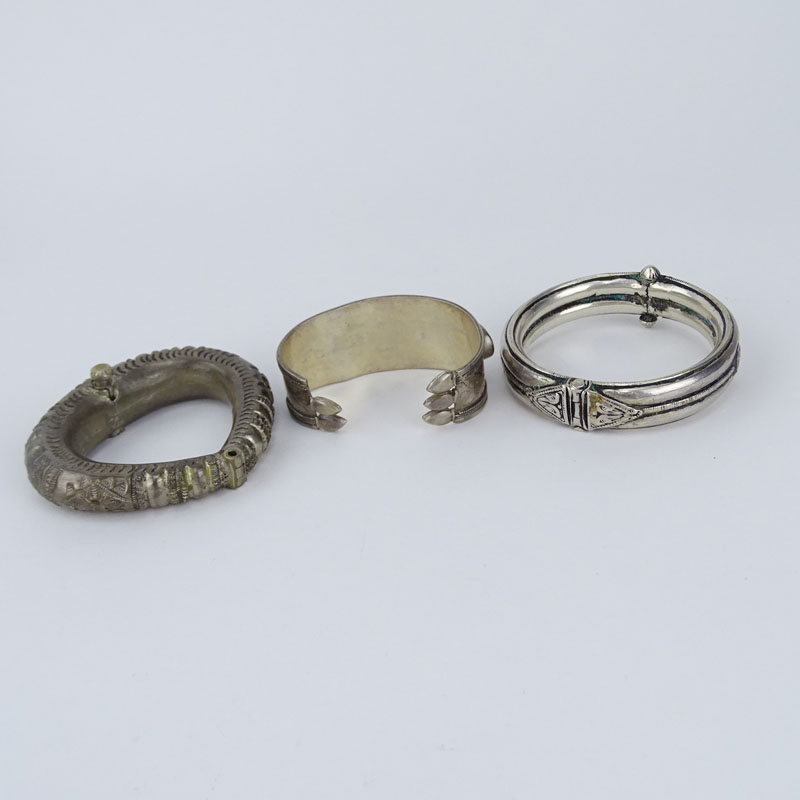 Collection of Three (3) Vintage Middle Eastern / Indian or African Silver Cuff Bangle Bracelets.