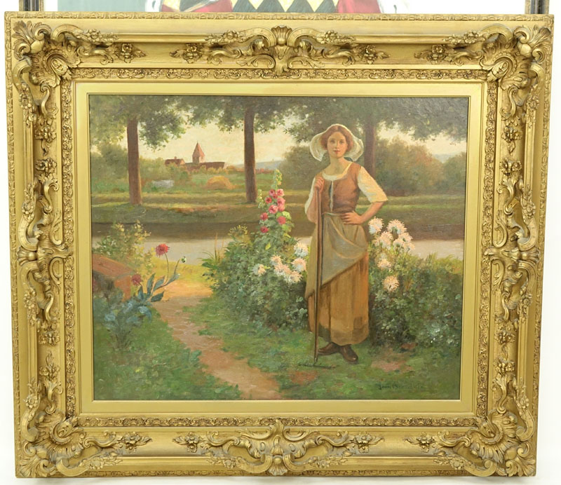Jean Beauduin, Belgian (1851-1916) Oil on canvas "Maiden In Garden". 