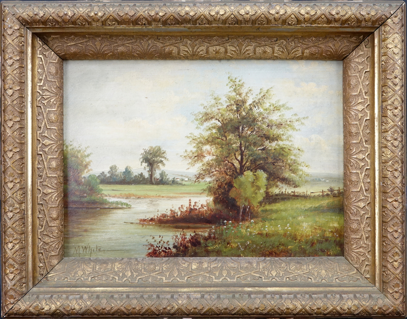Possibly: Mazie Julia Barkley White, American  (1871 - 1934) Oil on board "River Landscape".