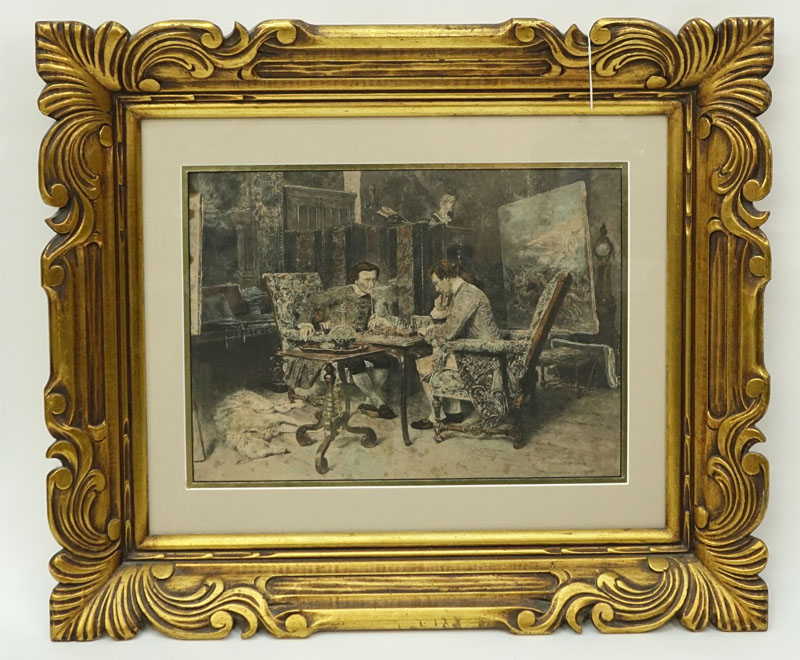 After: Jean-Louis-Ernest Meissonier, French/Italian (1815-1891) Color Etching "A Chess Game" Signed and Dated 1858.