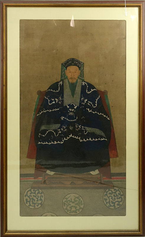 19th Century Chinese School "Ancestor Portrait" Gouache Painting on Paper. 