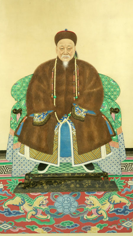 19th Century Chinese School "Ancestor Portrait" Gouache Painting on Paper. 