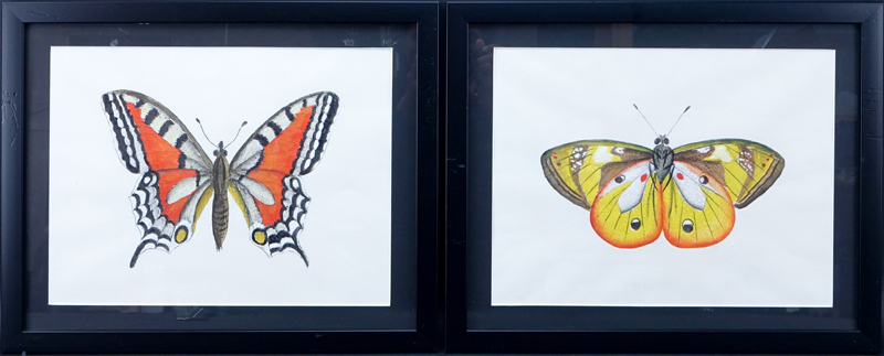Two (2) Hand-painted gouache on silk screen paintings of Butterflies.