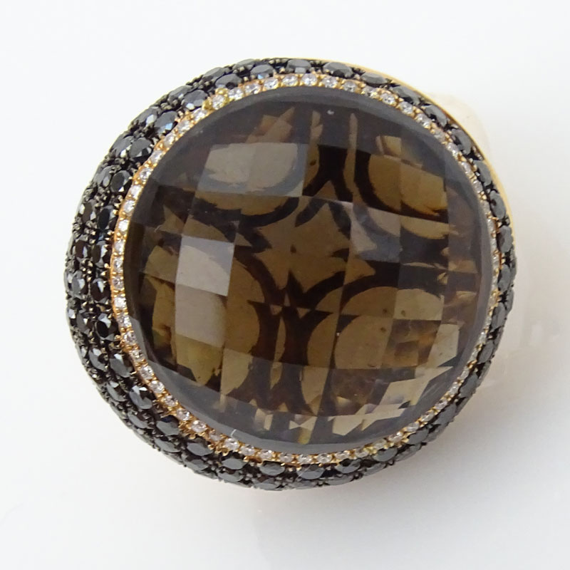 Large Round Cut Citrine, Pave Set Black Diamond, White Diamond and 18 Karat Yellow Gold Rome Ring. 