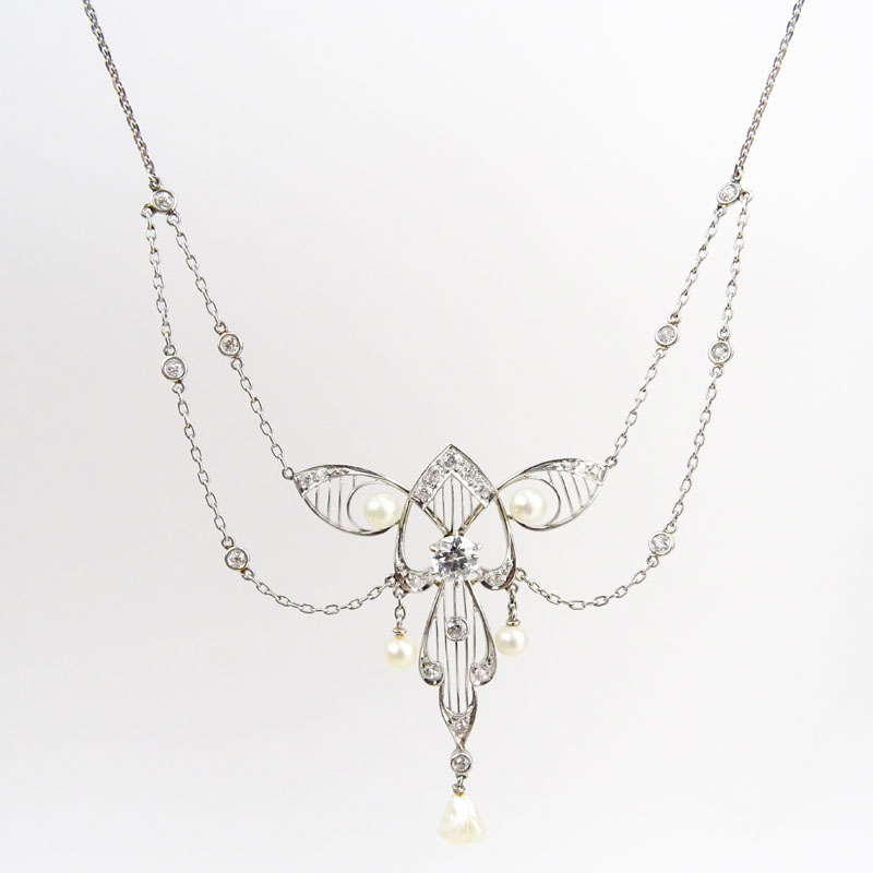Antique Edwardian Old European Cut Diamond, Seed Pearl and Platinum Pendant with Modern 14 Karat White Gold and Diamond Chain.