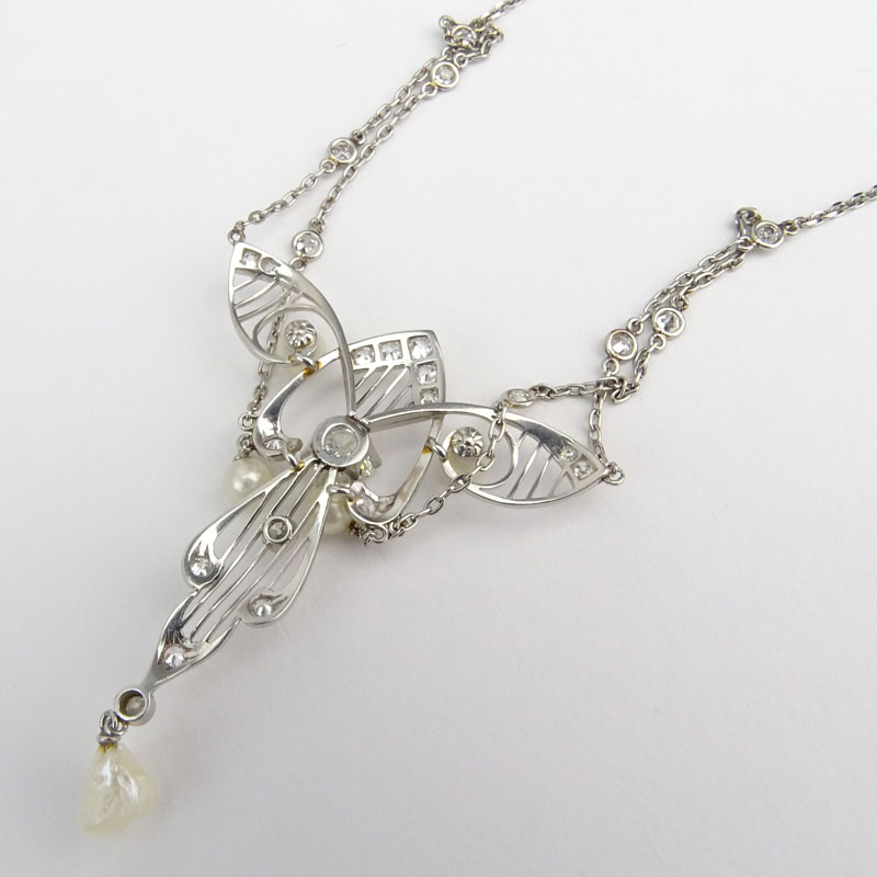 Antique Edwardian Old European Cut Diamond, Seed Pearl and Platinum Pendant with Modern 14 Karat White Gold and Diamond Chain.