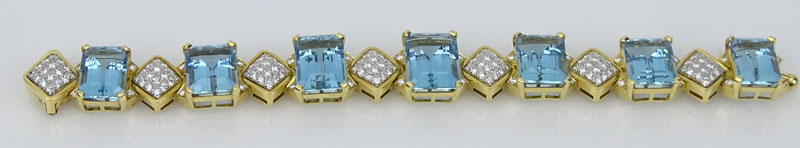 Vintage Approx. 79.0 Carat Emerald Cut Aquamarine, 3.30 Carat Pave Set Diamond and 18 Karat Yellow Gold Bracelet. 