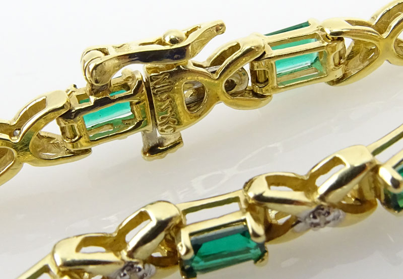 Vintage Emerald and Diamond 14 Karat Yellow Gold Inline Bracelet.