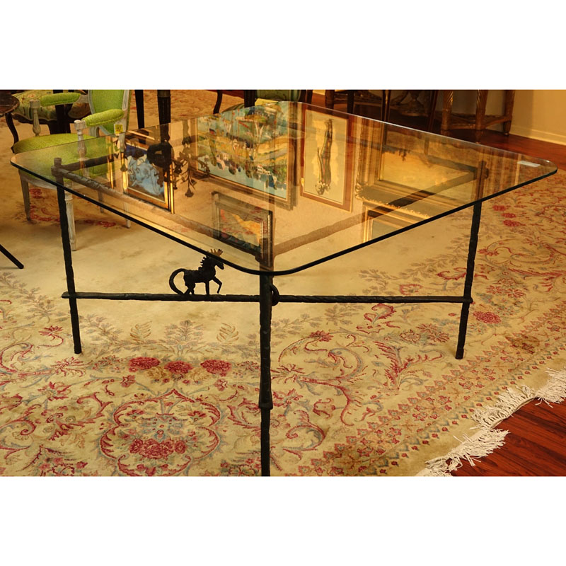 Manner of Diego Giacometti Patinated Wrought Iron Dining Table with Glass Top.