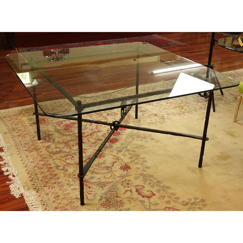 Manner of Diego Giacometti Patinated Wrought Iron Dining Table with Glass Top.