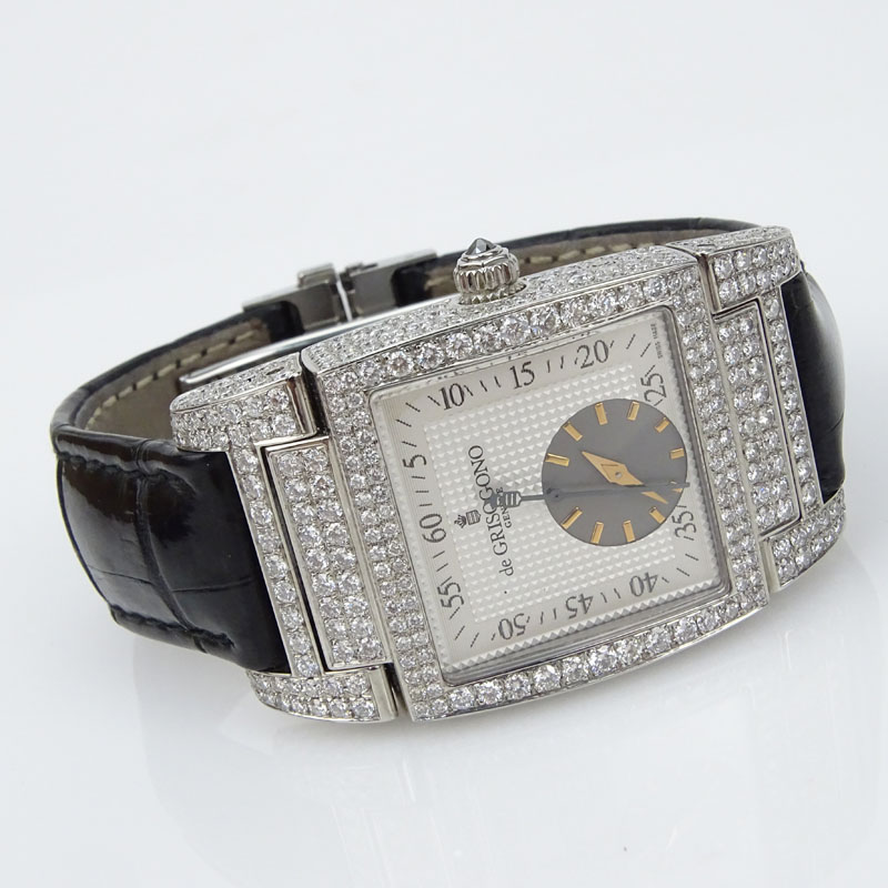 Man's de Grisogno Approx. 11.0 Carat Pave Set Diamond and Stainless Steel Automatic Movement Watch with Alligator Strap.