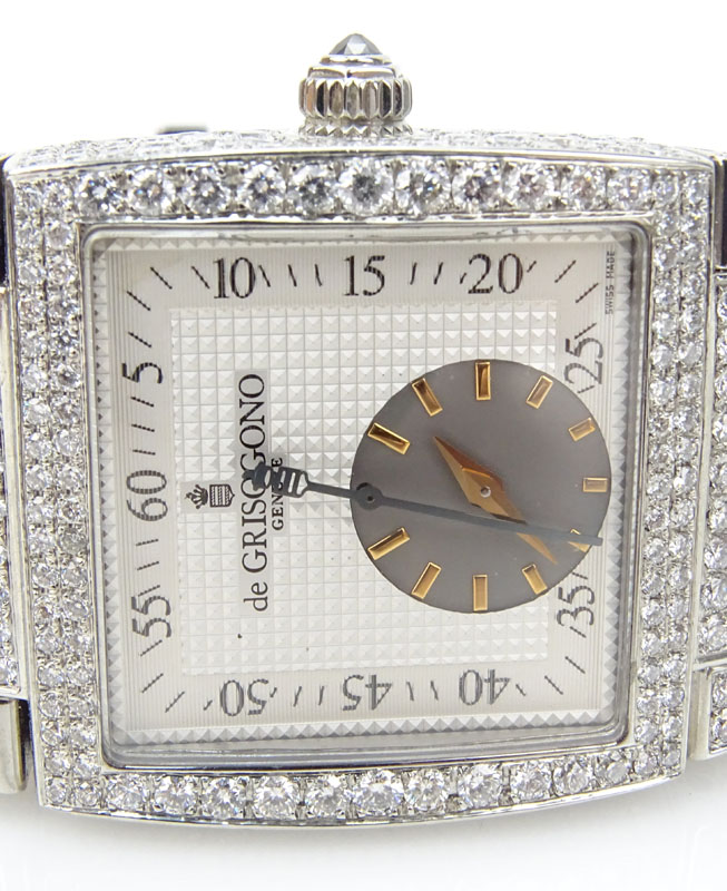 Man's de Grisogno Approx. 11.0 Carat Pave Set Diamond and Stainless Steel Automatic Movement Watch with Alligator Strap.