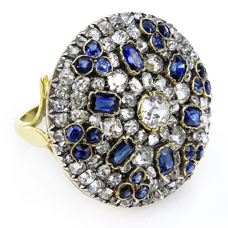Antique Approx. 8.0 Carat Old European Cut Diamond, 3.0 Carat Oval and Round Cut Sapphire, Platinum and 18 Karat Yellow Gold Ring. 