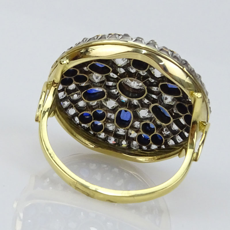 Antique Approx. 8.0 Carat Old European Cut Diamond, 3.0 Carat Oval and Round Cut Sapphire, Platinum and 18 Karat Yellow Gold Ring. 