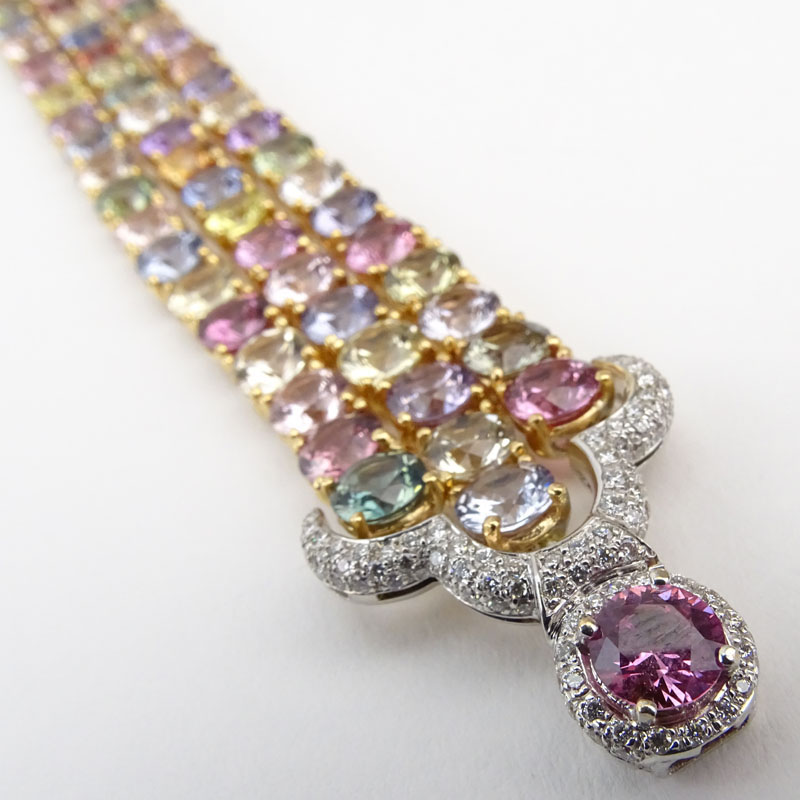 Approx. 100.0 Carat Round Brilliant Cut Multi Color Sapphire, 1.0 Carat Pave Set Diamond and 18 Karat Yellow and White Gold Three Strand Bracelet, Sapphires with vivid saturation of color.