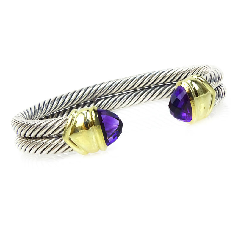 Vintage David Yurman Sterling Silver, 14 Karat Yellow Gold and Amethyst Double Band Cable Cuff Bangle. 