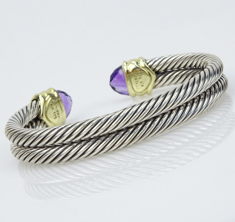 Vintage David Yurman Sterling Silver, 14 Karat Yellow Gold and Amethyst Double Band Cable Cuff Bangle. 