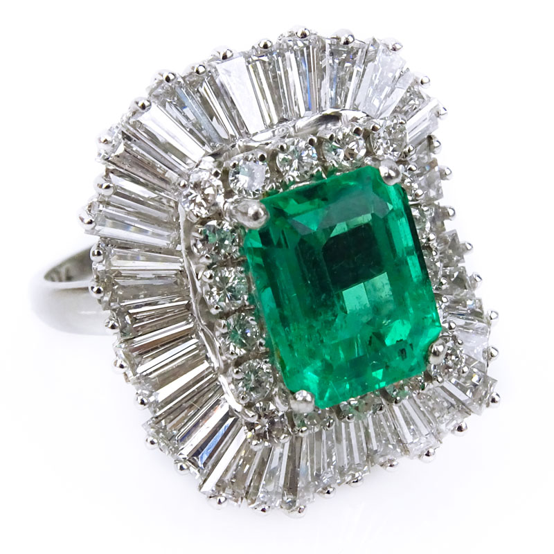 Approx.. 4.25 Carat Colombian Emerald, 5.0 Carat Tapered Baguette and Round Brilliant Cut Diamond and Platinum Ballerina Ring/Pendant.