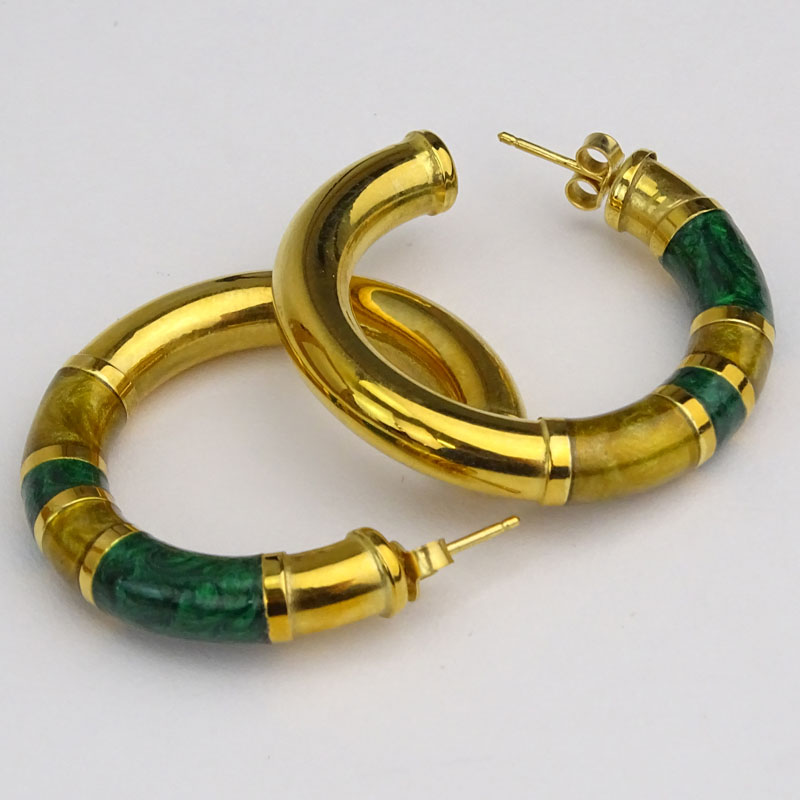 Vintage Italian 18 Karat Yellow Gold and Enamel Hoop Earrings.
