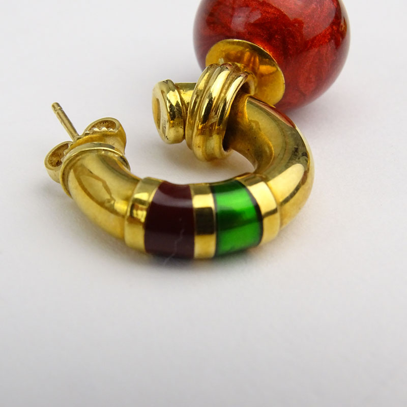Yellow Gold and Enamel Hoop Earrings with Detachable Ball Pendant.