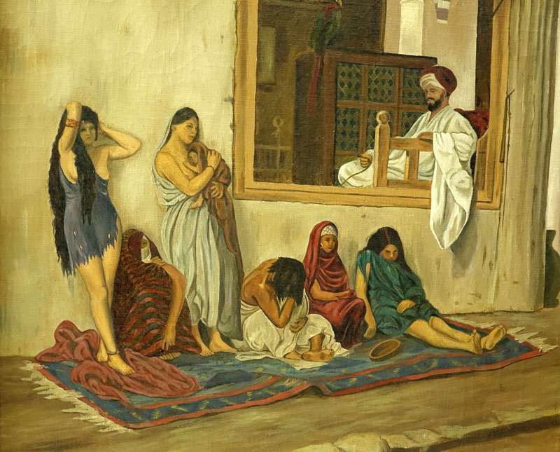 20th Century Oil On Canvas "Slave Market". Initialed lower right J.F. 
