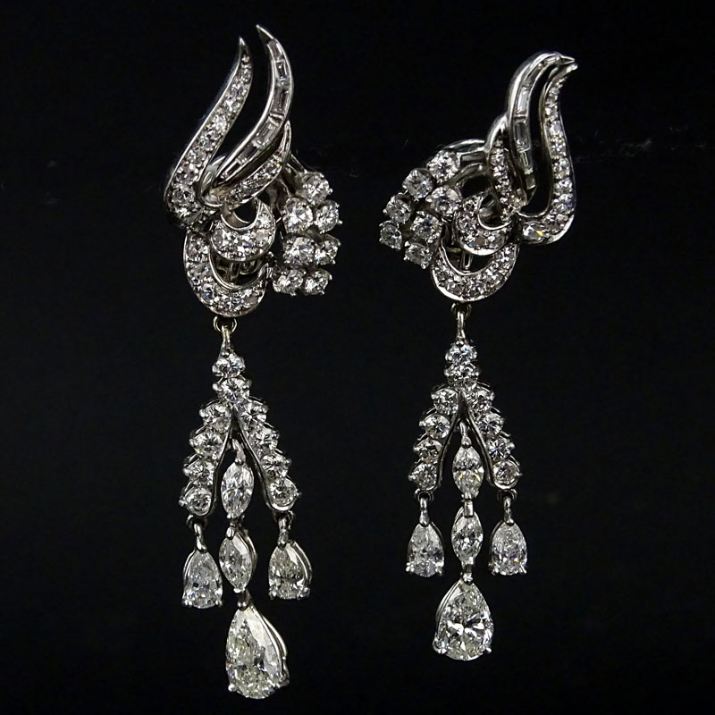 Vintage Circa 1950s Approx. 10.0 Carat Pear, Marquise and Round Brilliant Cut Diamond and Platinum Chandelier Clip Earrings. 