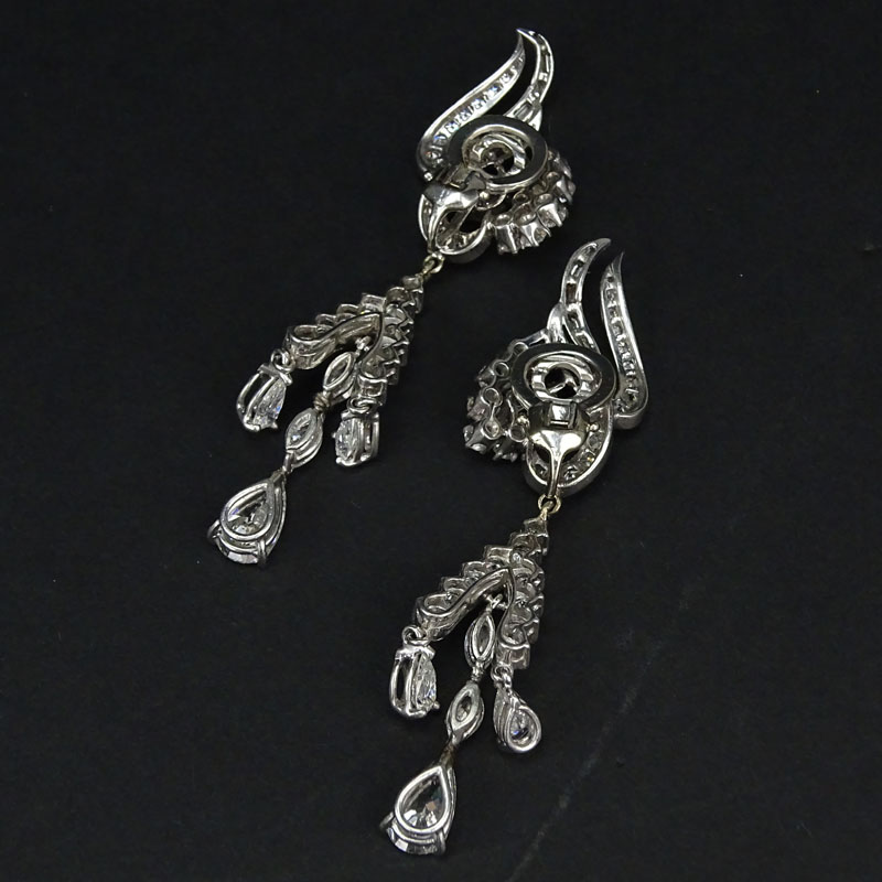 Vintage Circa 1950s Approx. 10.0 Carat Pear, Marquise and Round Brilliant Cut Diamond and Platinum Chandelier Clip Earrings. 