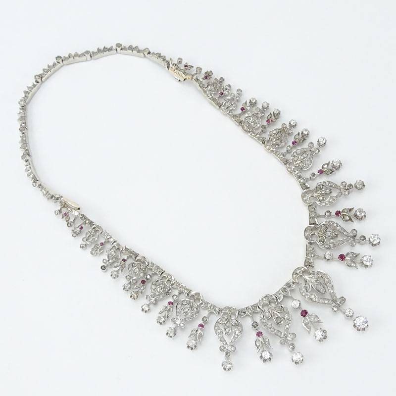 Victorian Approx. 12.50 Carat Diamond, Ruby and 14 Karat White Gold Necklace.
