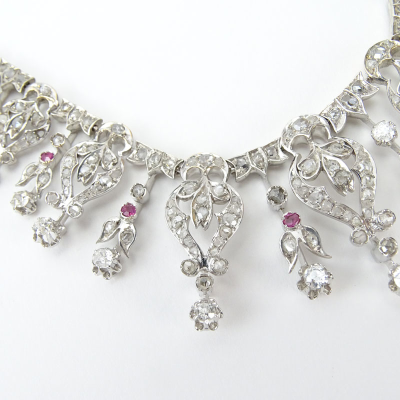 Victorian Approx. 12.50 Carat Diamond, Ruby and 14 Karat White Gold Necklace.