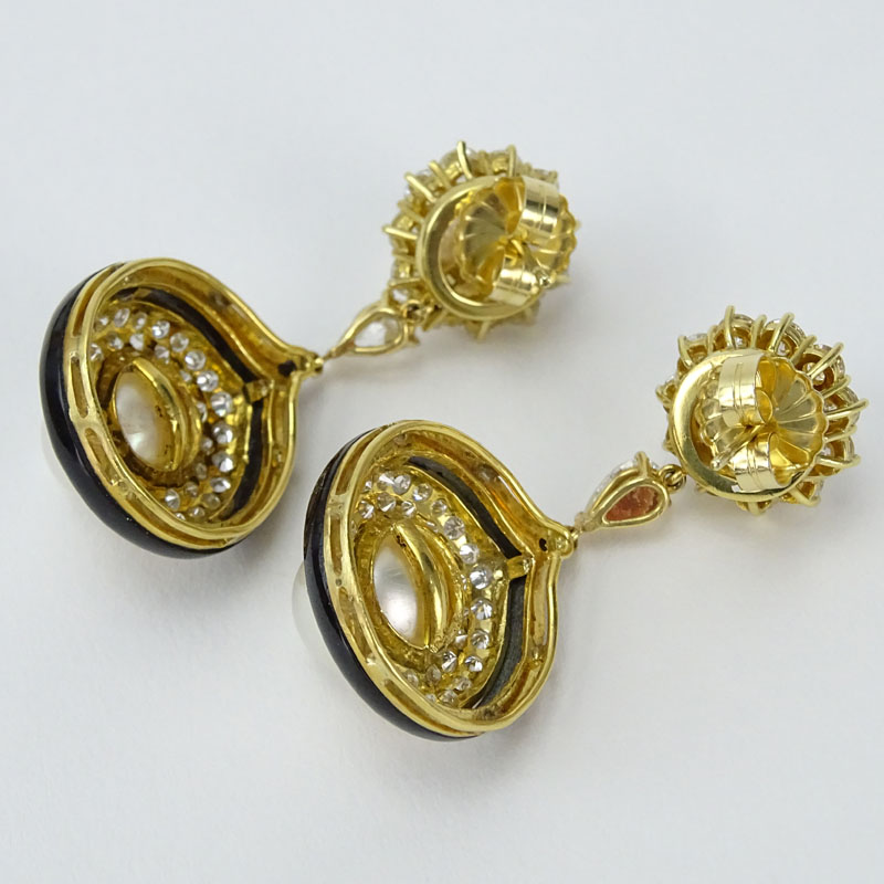 Vintage Approx.. 7.0 Carat Diamond TW, South Sea Pearl Enamel and 18 Karat Yellow Gold Pendant Earrings. 