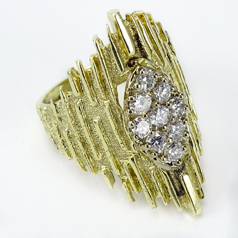 Vintage Approx. .90 Carat Round Brilliant Cut Diamond and 14 Karat Yellow Gold Cluster Ring.