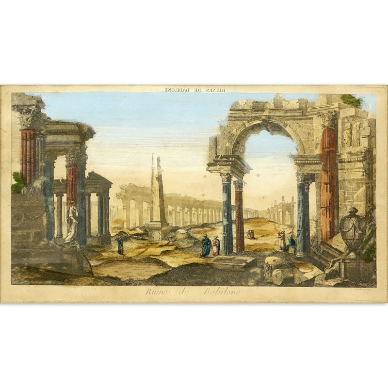18th Century Ruines de Babilone-Middle Eastern Vues D'optique Color Engraving.