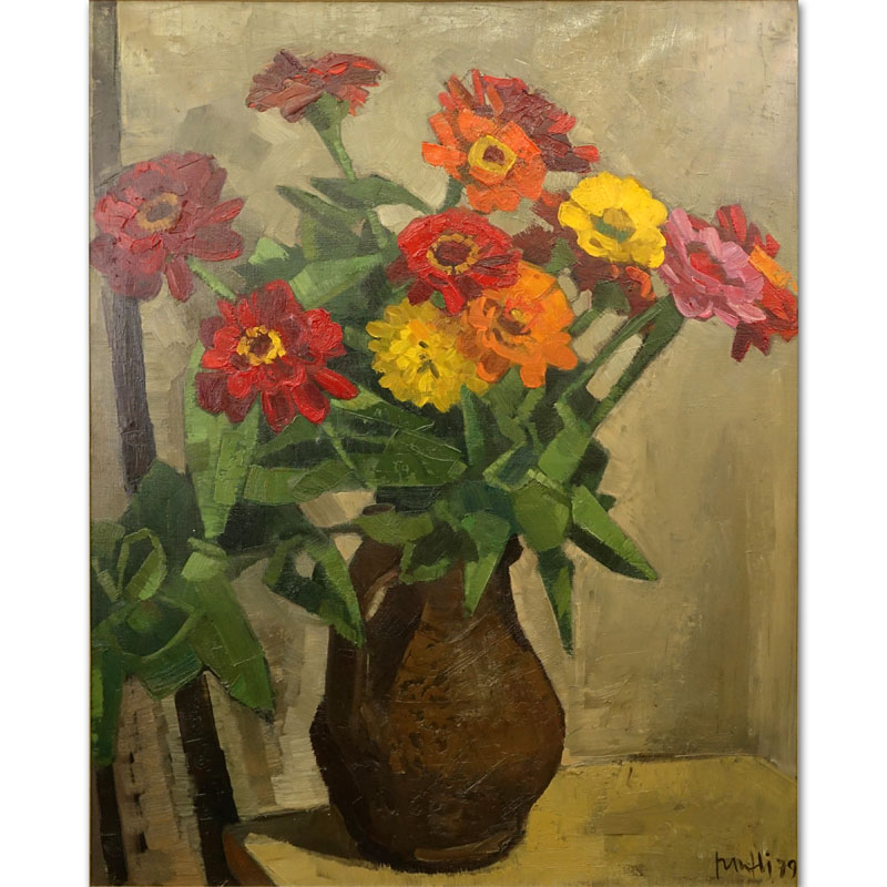 Walter Mafli, Swiss/French  (b. 1915) Oil on Canvas Still Life Flowers Signed and Dated 1979 Lower Right. Good condition. 