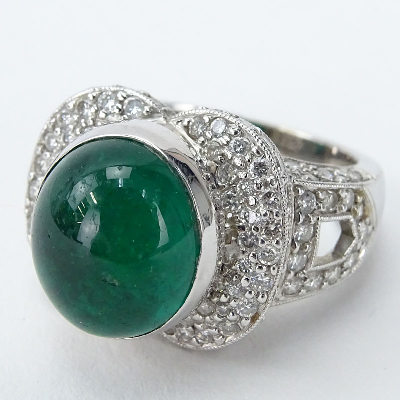 Approx. 5.50 Carat Cabochon Emerald, 1.75 Carat Pave Set Round Brilliant Cut Diamond and 18 karat White Gold Ring.
