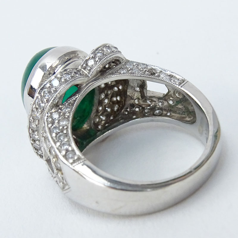 Approx. 5.50 Carat Cabochon Emerald, 1.75 Carat Pave Set Round Brilliant Cut Diamond and 18 karat White Gold Ring.