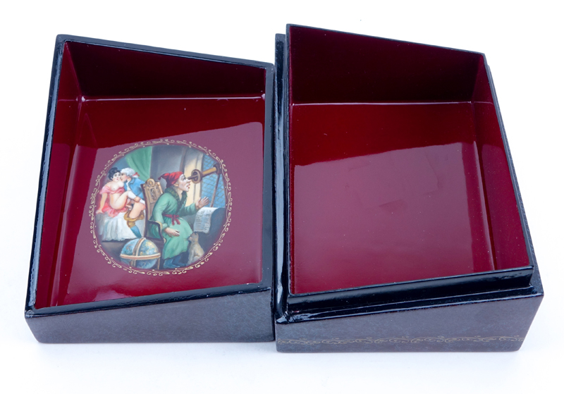 Russian Erotic Lacquered Paper Mache Card Box.