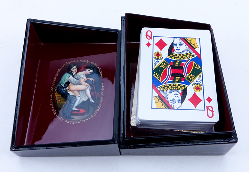 Russian Erotic Lacquered Paper Mache Card Box.