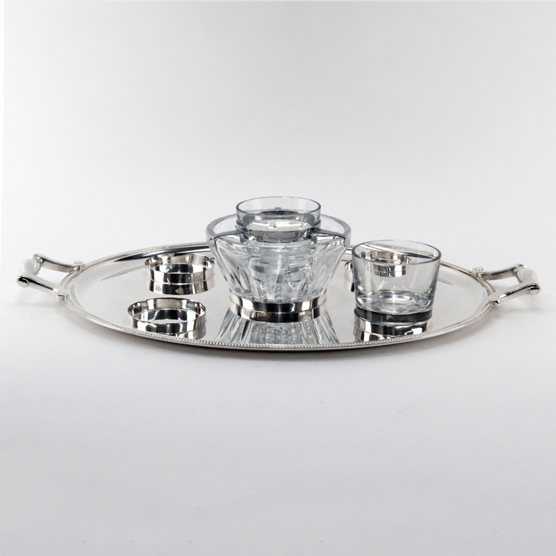Christofle Gallia Silver Plate Serving Tray with Baccarat Crystal Caviar Server and Extra Bowl.