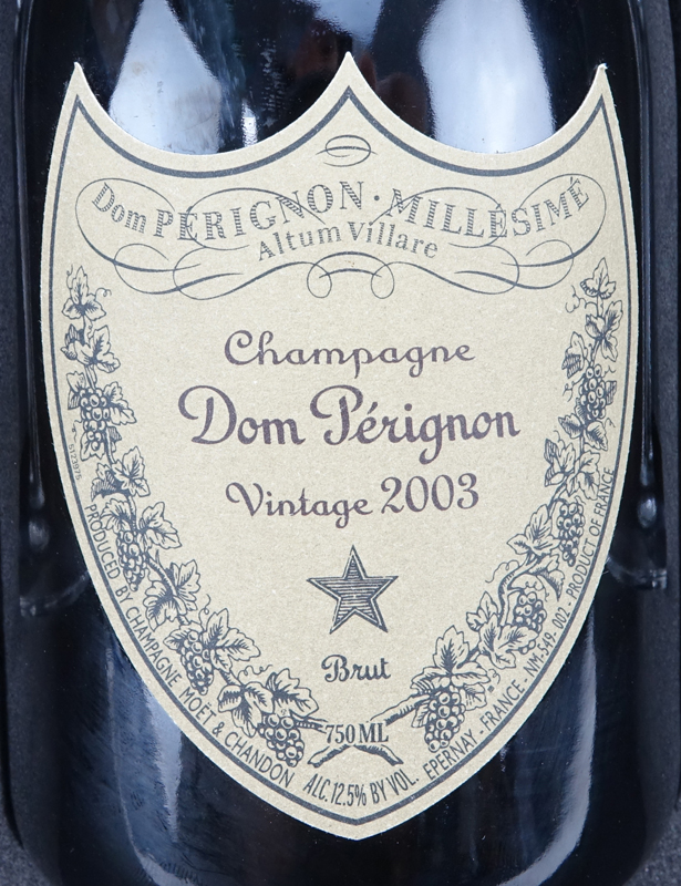 Vintage 2003 Dom Pérignon Champagne Bottle in Presentation Box.