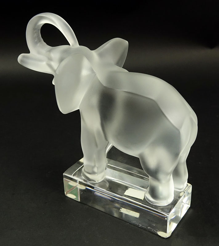 Lalique Clear and Frosted Crystal Elephant Paperweight.