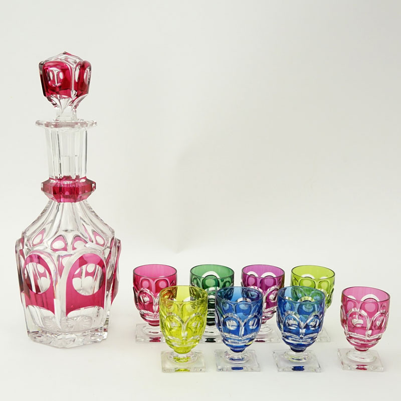 Nine (9) Piece Cut Crystal Cordial Set. Includes decanter and 8 glasses.