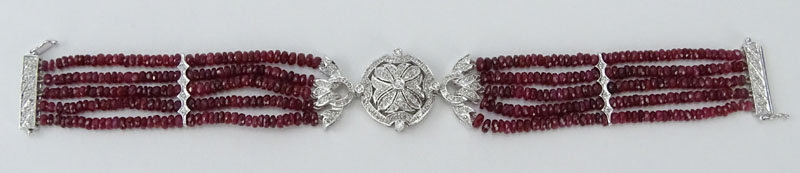 Antique style Approx. 58.81 Carat Ruby Bead, .54 Carat Pave Set Diamond and 14 Karat White Gold Five (5) Strand Bracelet. 