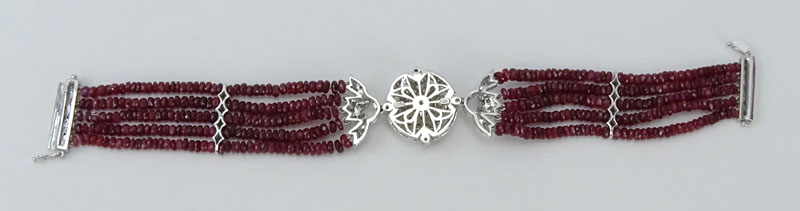 Antique style Approx. 58.81 Carat Ruby Bead, .54 Carat Pave Set Diamond and 14 Karat White Gold Five (5) Strand Bracelet. 