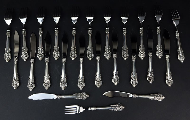 Twenty Four (24) Piece Wallace "Grand Baroque" Sterling Silver Handled Fish Set. 