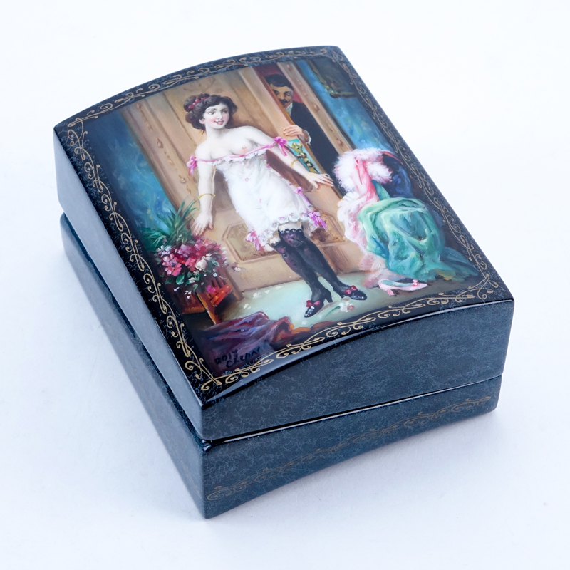 Russian Erotic Lacquered Paper Mache Box.