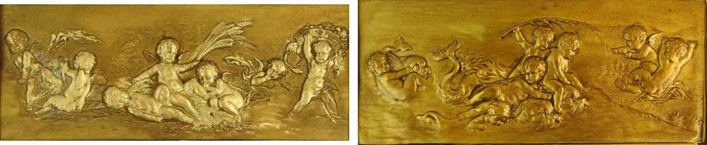 Pair of Vintage Composition Relief Plaques "Playful Cherubs" Unsigned.