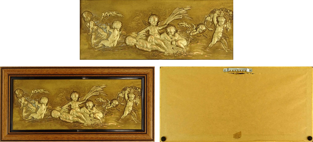 Pair of Vintage Composition Relief Plaques "Playful Cherubs" Unsigned.