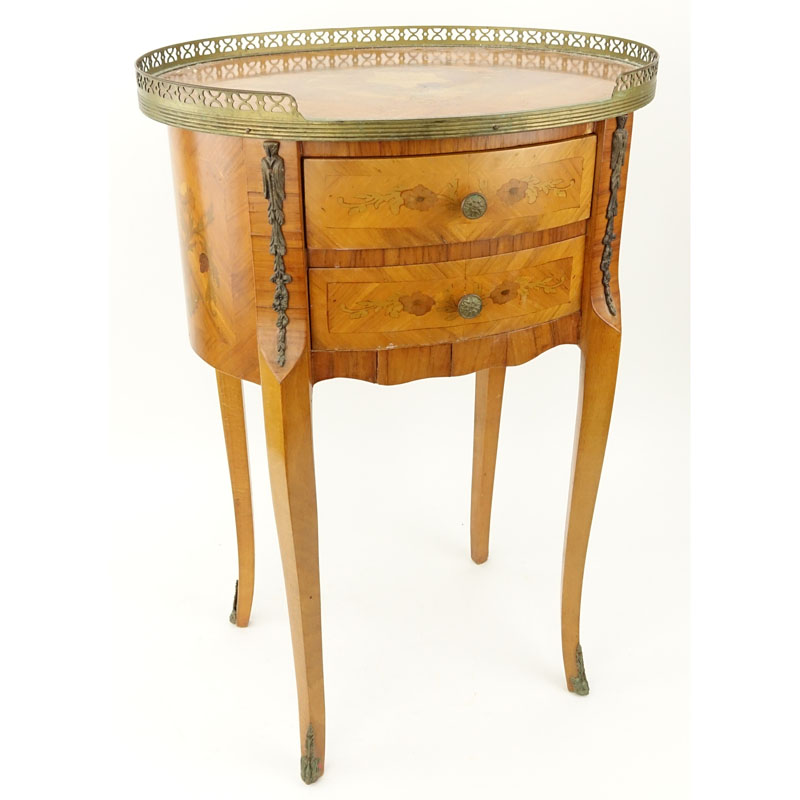Mid Century French Marquetry Inlaid Brass Mounted End Table.
