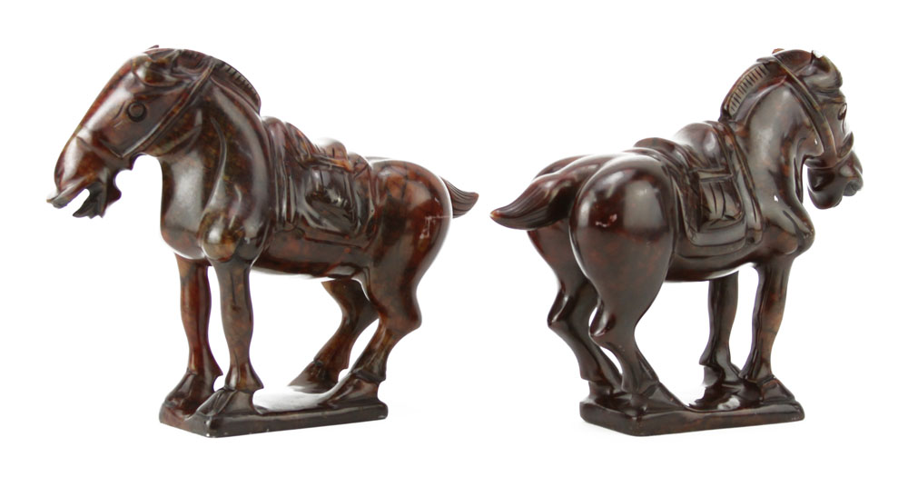 Pair of Mid 20th Century Chinese Carved Soapstone Tang Horse Figures.